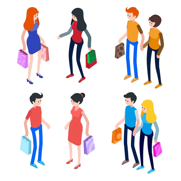 Isometric people, men and women with shopping bags.