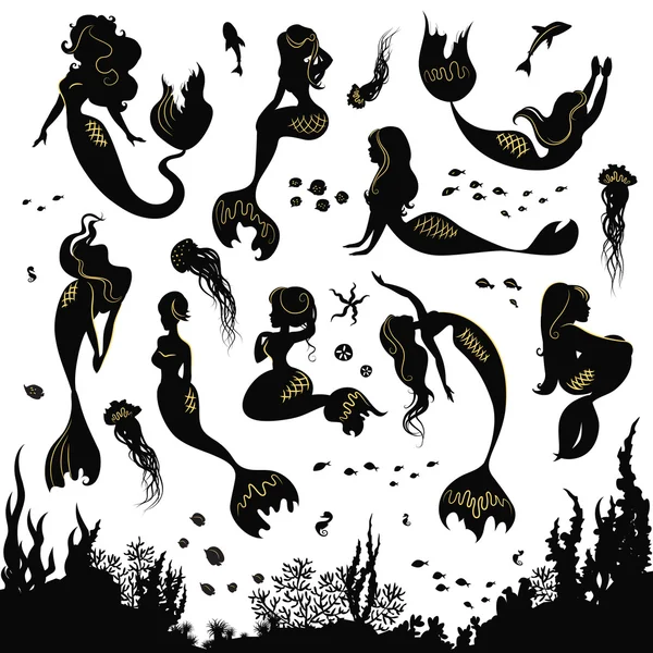 Set of silhouettes of mermaids and sea animals.