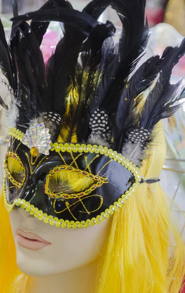 Mannequin girl blonde in black mask Purim Carnival