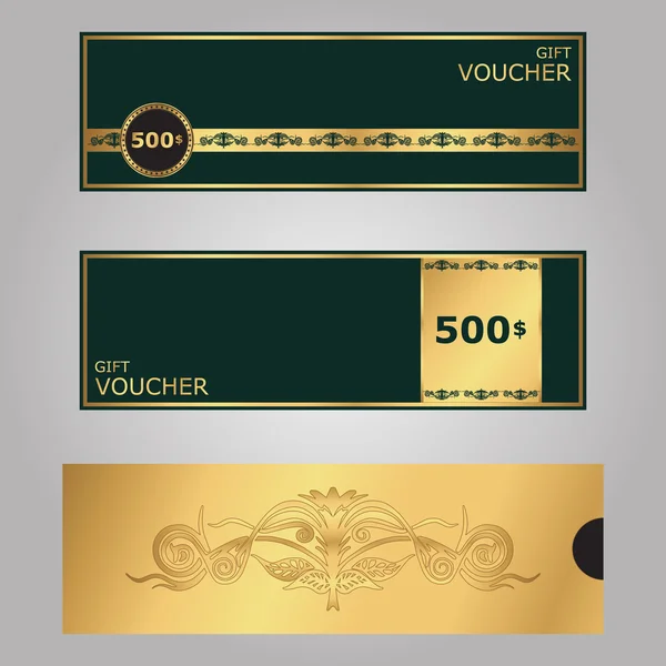 Template gift certificate VIP. Green and gold with ornamentom.