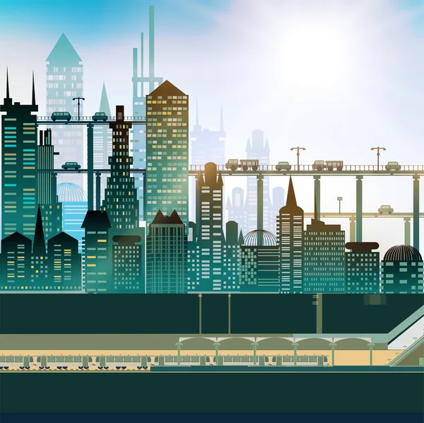 Modern City with skyscrapers, roads and motorways with lots of traffic. Commuting time illustration