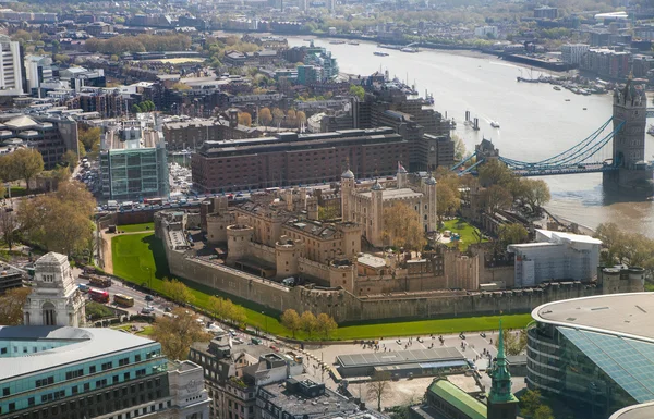 LONDON, UK - APRIL 22, 2015:  Tower of London, Tower bridge and and River Thames. London panorama form 32 floor of Walkie-Talkie building
