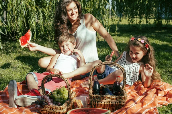 Cute happy family on picnic laying on green grass mother and kids, warm summer vacations close up, brother and sister