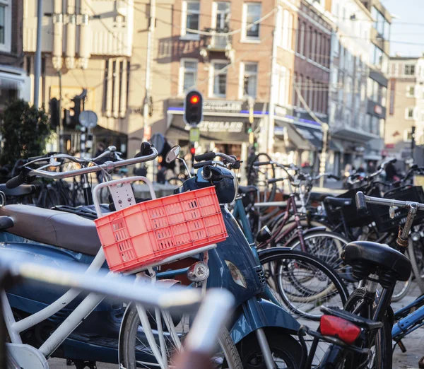 Many bicycles on street of Amsterdam city, parking ideal traffic eco healthy lifestyle concept close up at sunlight