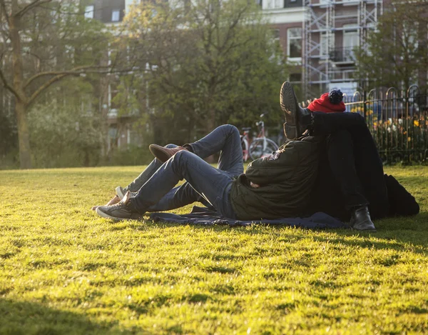 Two young guys hipsters chilling on green grass outside in park at sundown, relaxing people lifestyle concept, couple from back