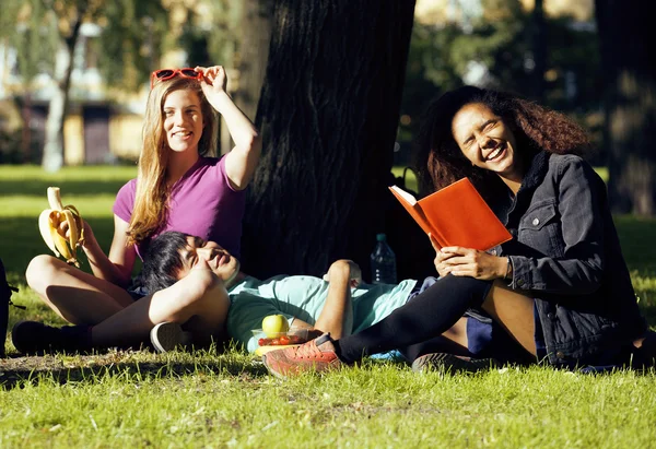 Portrait of international group of students close up smiling, blond girl, asian boy, young african woman