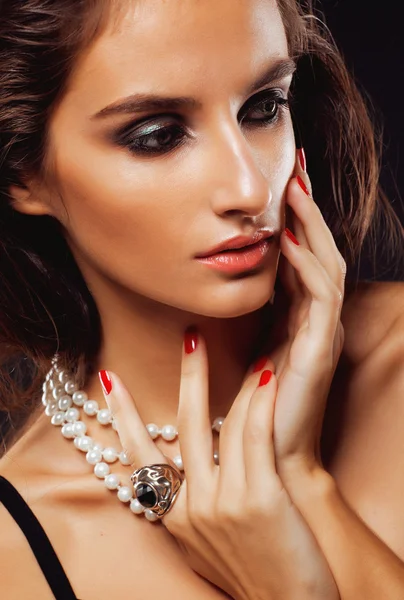 Beauty young sencual woman with jewellery close up, luxury portrait of rich real girl