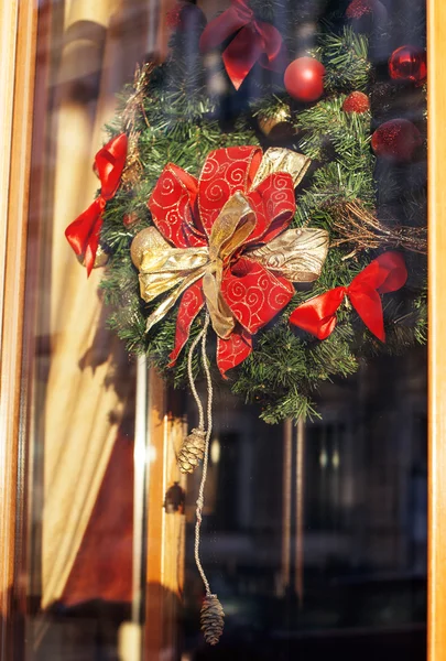 Citylife on Christmas. Decoration of showcase outside street, gift card background.