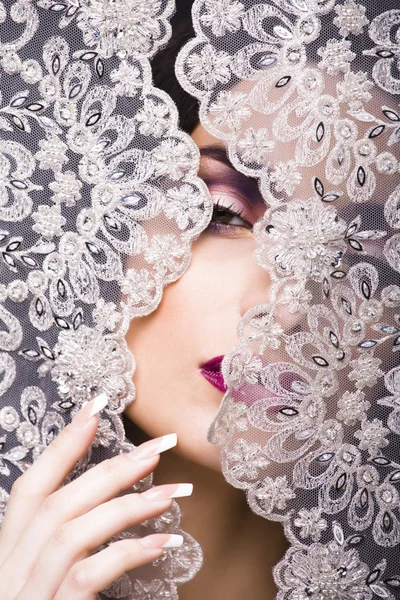 Beauty young woman throw white lace close up, bride under veil, real bride