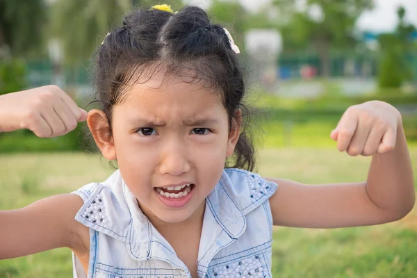 Close up portrait of a asia little girl with an angry expression