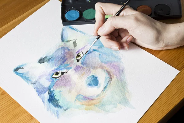 The artist paints a picture Wolf using brush and watercolor colorful painting