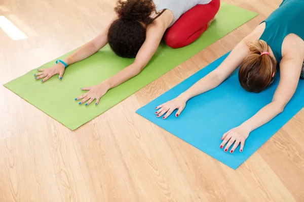 Two young women practicing yoga on mat in class closeup