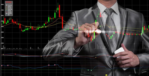 Double exposure of businessman with stock market chart