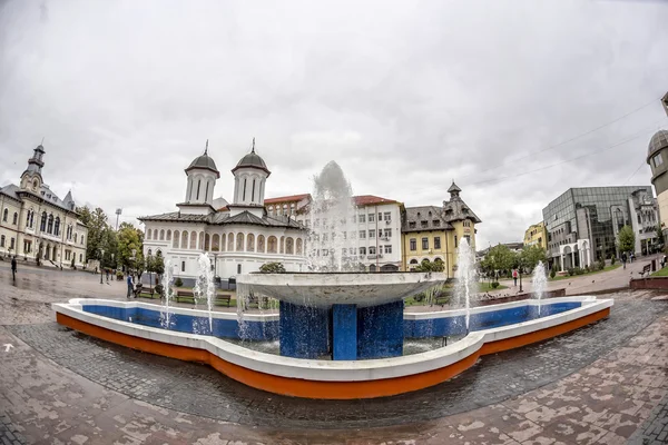 TARGU-JIU, ROMANIA-OCTOBER 08: Fountain in the downtown area  on October 08, 2014 in Targu-Jiu. Fisheye view.