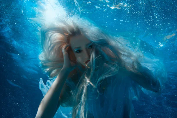 Woman with long blonde hair underwater.