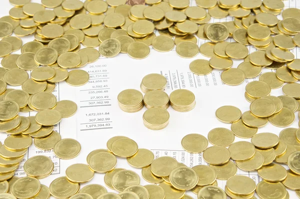 Pile of gold coins as plus have gold coins around