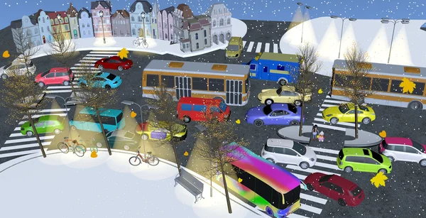 Busy street filled with colorful cars and buses in winter