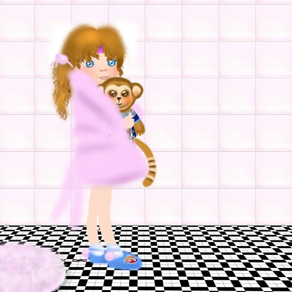 Little girl holding toy ape in bathroom children illustration