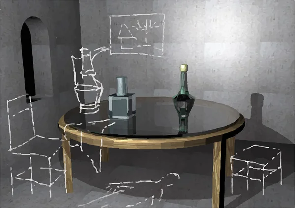 Empty historic room with an old glass table and two bottles on it