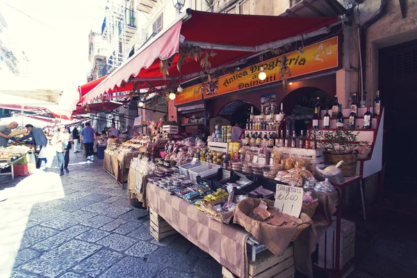Grocery shop at famous local market Capo in Palermo, Italy