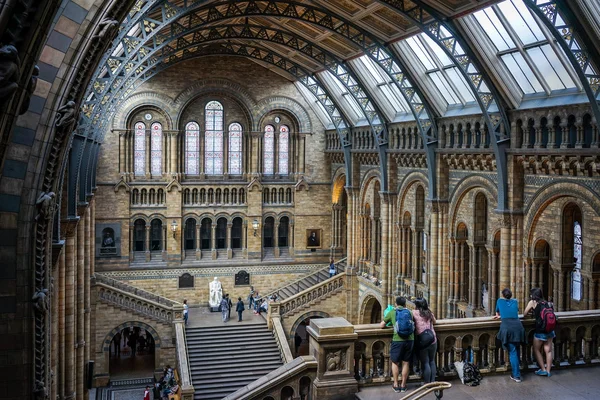 People looking over a balcony at the Natural History Museum in L