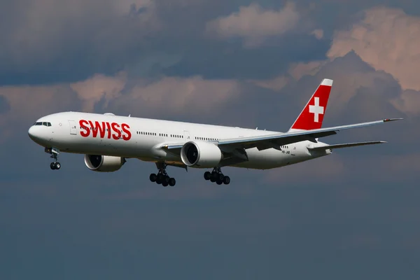 PRAGUE, CZECH REPUBLIC - APRIL 6:  Brand new Swiss Boeing B777-300 arrival to PRG Airport on April 6, 2016. Swiss International Air Lines  is the flag carrier airline of Switzerland.