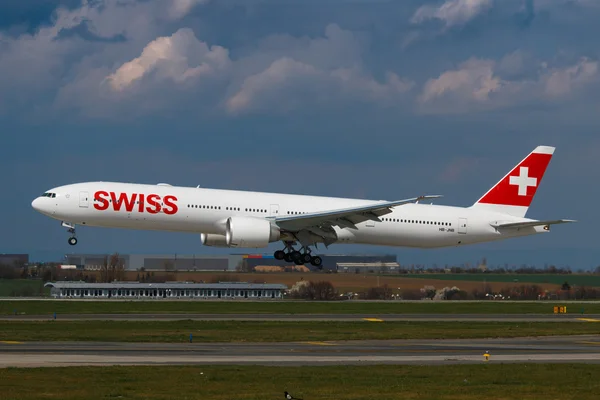 PRAGUE, CZECH REPUBLIC - APRIL 6:  Brand new Swiss Boeing B777-300 arrival to PRG Airport on April 6, 2016. Swiss International Air Lines  is the flag carrier airline of Switzerland