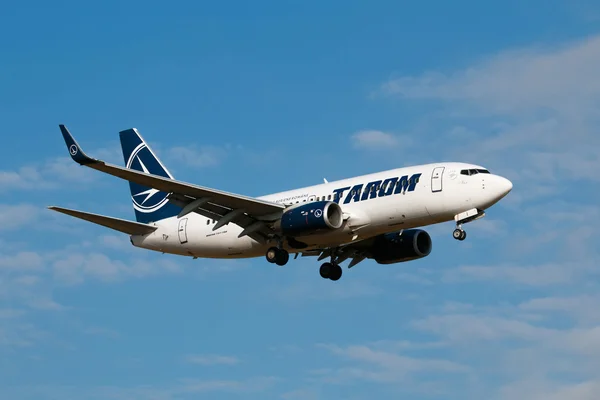 PRAGUE - AUGUST 30: Beoing 737-700 Tarom arrive to PRG airport in Prague, Czech Republic on August 30, 2016. Tarom is the flag carrierof Romania.