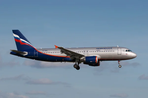 PRAGUE, CZECH REPUBLIC - AUGUST 30: Aeroflot A320 lands at PRG Airport on August 30, 2016. Aeroflot is a flag carrier of Russia