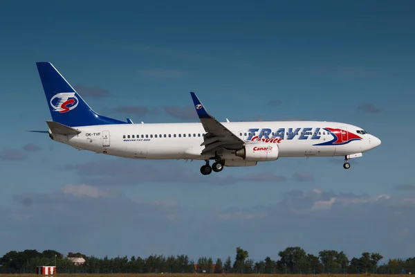 PRAGUE, CZECH REPUBLIC - AUGUST 30: Travel Service Boeing B737-800 lands at PRG Airport on August 30, 2016.  Travel Service, based in Prague, is the largest private airline company in the Czech Republic