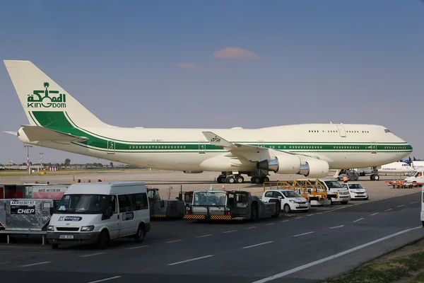 PRAGUE, CZECH REPUBLIC - AUGUST 03: Kingdom Holding Boeing 747-400 waiting for departure from PRG Airport on August 03, 2015. The Kingdom Holding Company is a Saudi conglomerate holding company based in Riyadh.