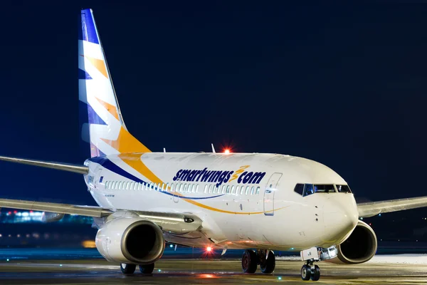 PRAGUE, CZECH REPUBLIC - JANUARY 21: Smart Wings Boeing 737-7Q8 before taxi for take off at PRG Airport on January 21, 2016.Smart Wings is a brand of the Czech Travel Service Airlines.