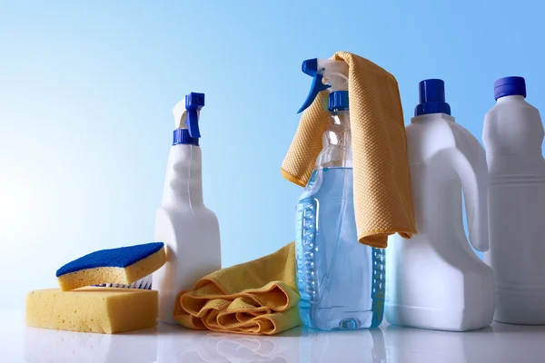 Cleaning products and equipment on table overview