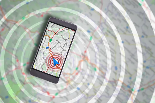 Smartphone with navigation assistant and cartography background