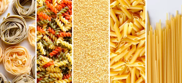Collage with various types of uncooked pasta texture