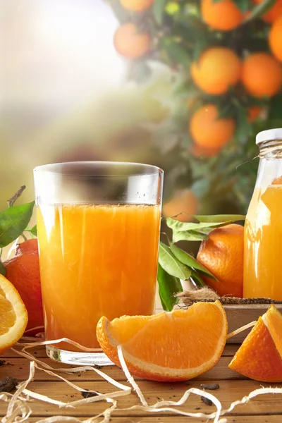 Glass of orange juice on a wooden in field vertical