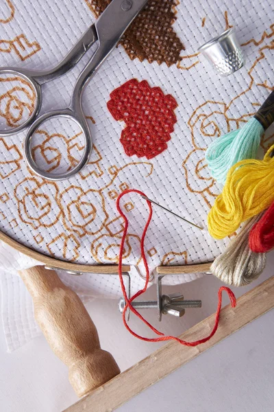 Tools for embroidery on embroidery frame top view