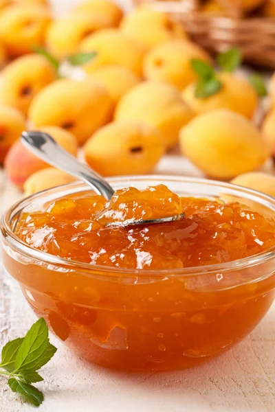 Apricot jam in a glass bowl
