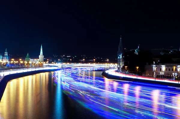 Moscow Kremlin and ships on Moskva river. Time-lapse