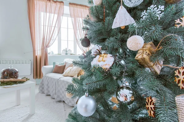 Xmas tree and room holiday interior. New Year and Merry Christma
