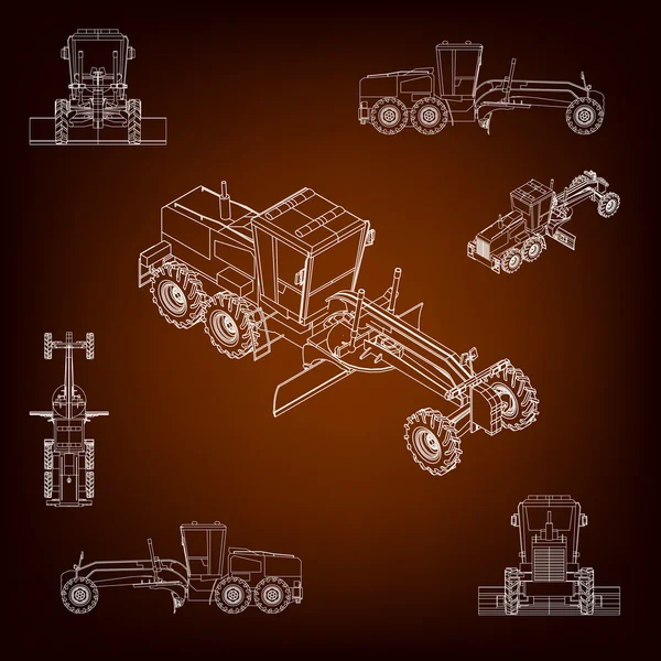 Grader, road scraper. Construction machinery. Parallel projection. Perspective view of the vehicle. Set of a plurality of images. Contour lines. Silhouettes of construction machinery.