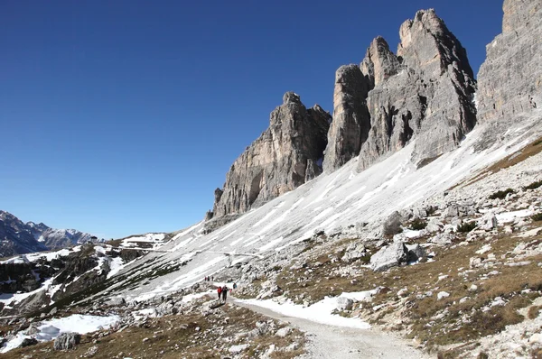 Hiking trail to alpine hut Refugio Lavaredo at Dolomites