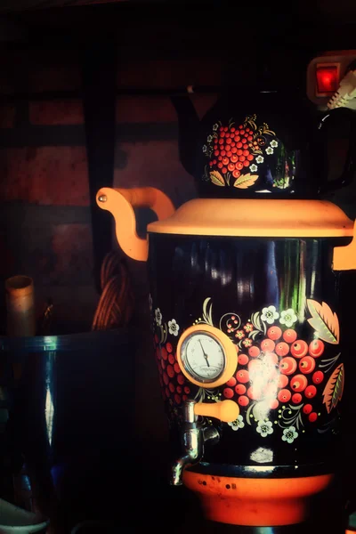 Rustic background blur samovar kettle for home cooking retro vintage Russian style