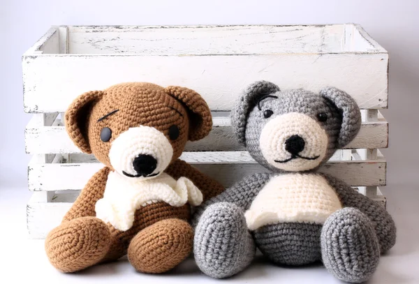 Pair of handmade knitted bears love Valentine\'s Day