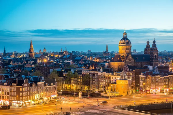 Amsterdam skyline in historical area at night, Amsterdam, Nether