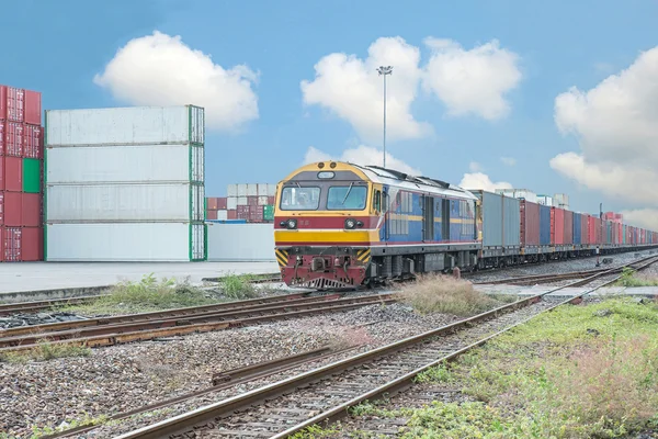 Cargo train platform with freight train container at depot