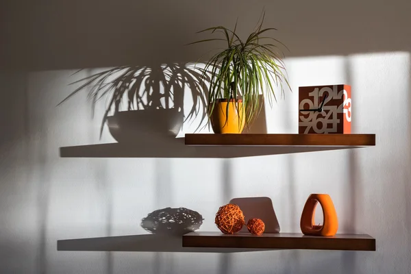 Still life with shelves, decorations and their shadows