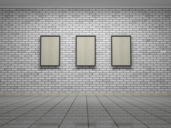 Picture frames or photos on the white bricks wall of the room