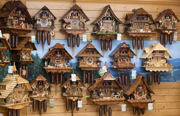 Vintage wooden cuckoo clocks wall, Triberg, Germany