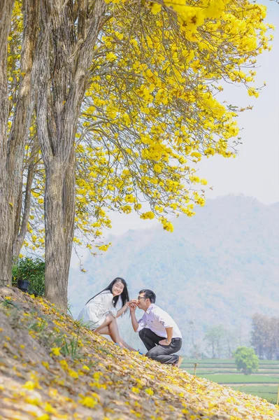 Asia happy young couple sitting on yellow tree